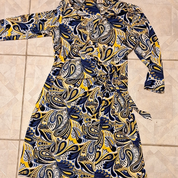 y. Anne Klein Blue and Yellow Wrap Dress Long Sleeve Size XL - Picture 1 of 3